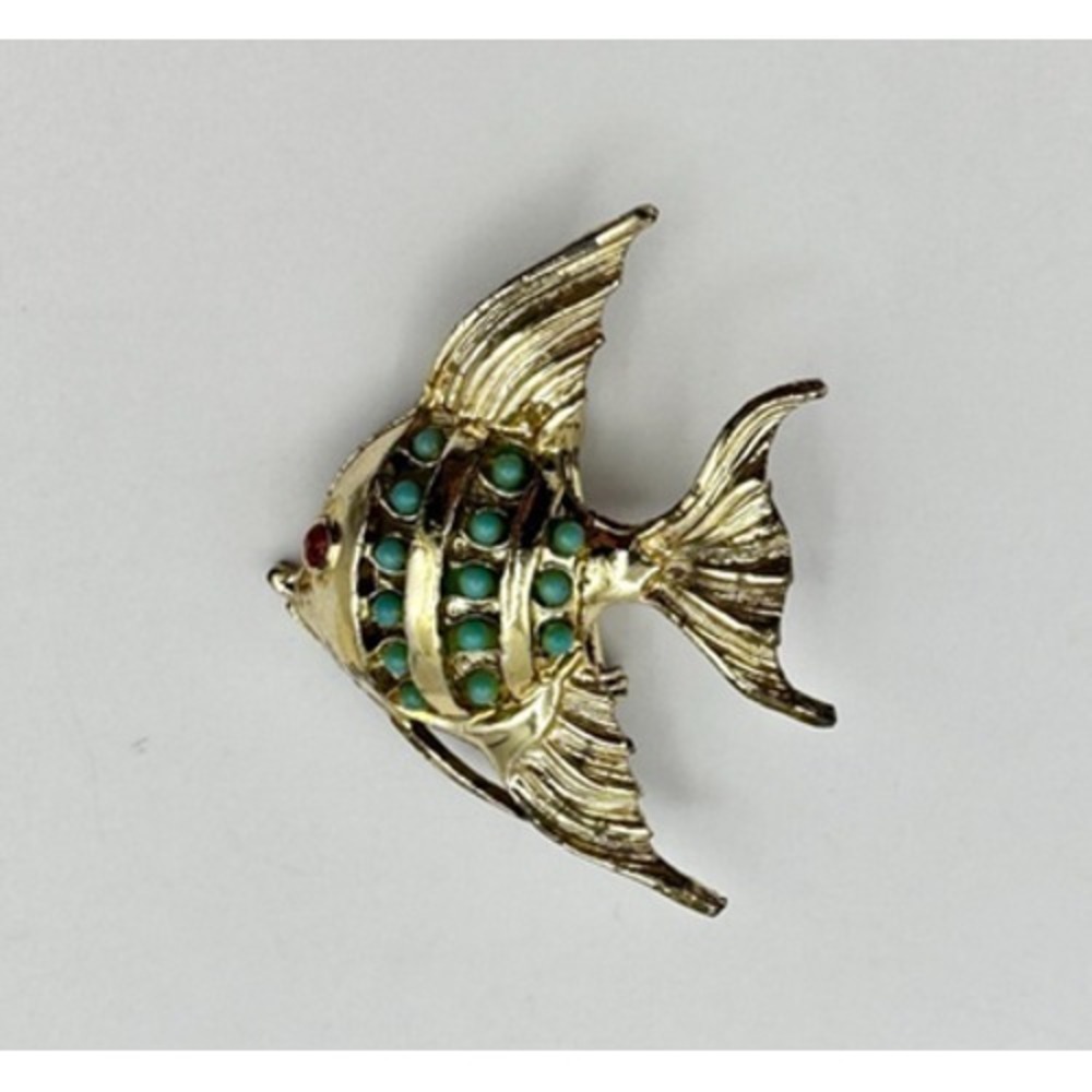 Vintage 80s Gold Tone Angel Fish Brooch Pin Turquoise Beaded Red Rhinestone